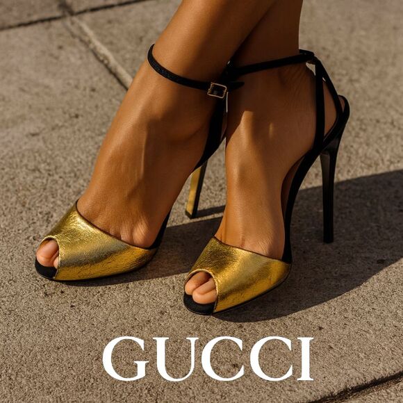 Gucci Gold Leather Peep Toe Heels Shoes  Women's Size EU 37 US 6.5 - Picture 1 of 11